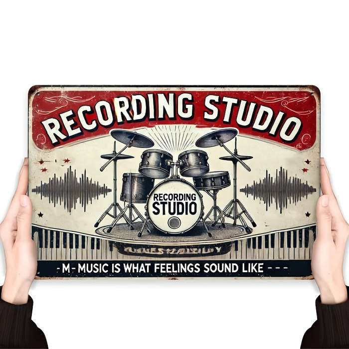 1pc  Vintage Recording Studio Metal Wall Sign 20.32x30.48 cm Retro Drum Set Microphone De