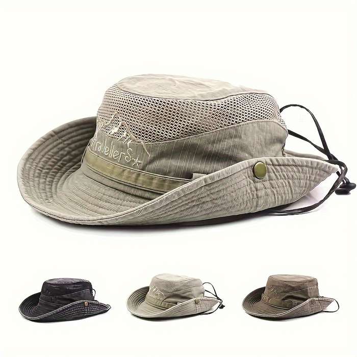 1pc Breathable Cotton Mesh Sun Hat All-Season Outdoor Fisherman Cap with Drawstring Closure UV Pr