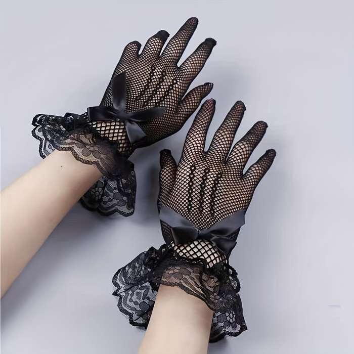 1 Pair Black One Size Lace Fishnet Gloves