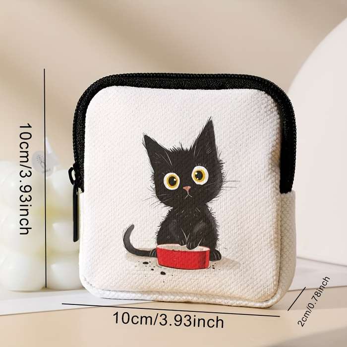 1pc 1-Pack Polyester Coin Purse with Cute Waiting Cat Print Large Capacity Zippered Pouch for Head