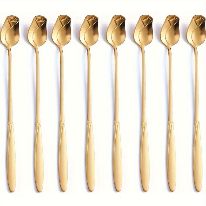 8pcs High-Quality Stainless Steel Rose Flower Spoon Fashionable Design 6.77-inch Long Handle
