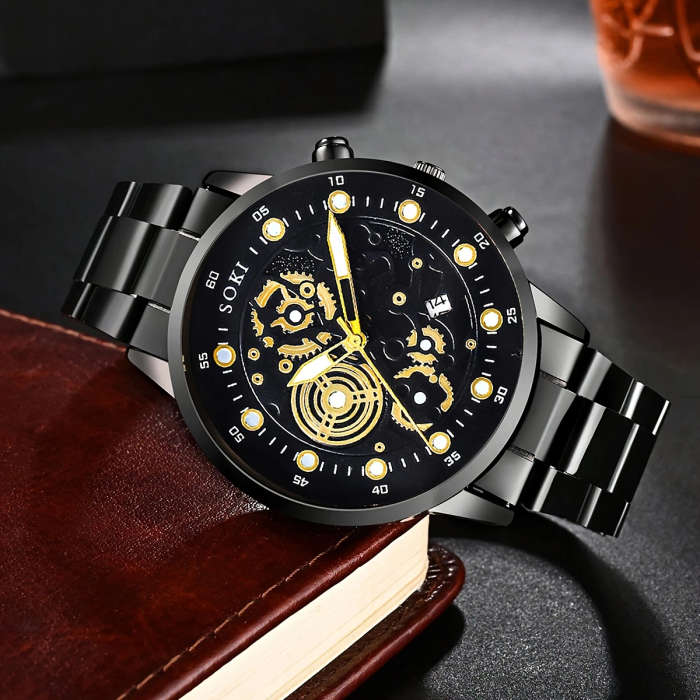 1pc Men's Business Casual Quartz Watch with Calendar Black Stainless Steel Strap Digital Dial Golden