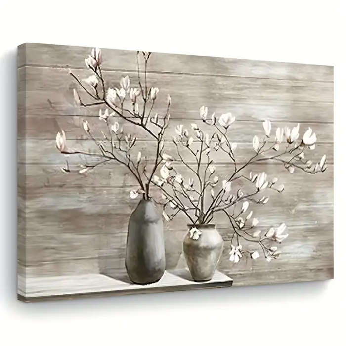 1pc Farmhouse Magnolia Blooms in Vase Canvas Wall Art Rustic Wooden-Frame Print Home Office Decor Ba