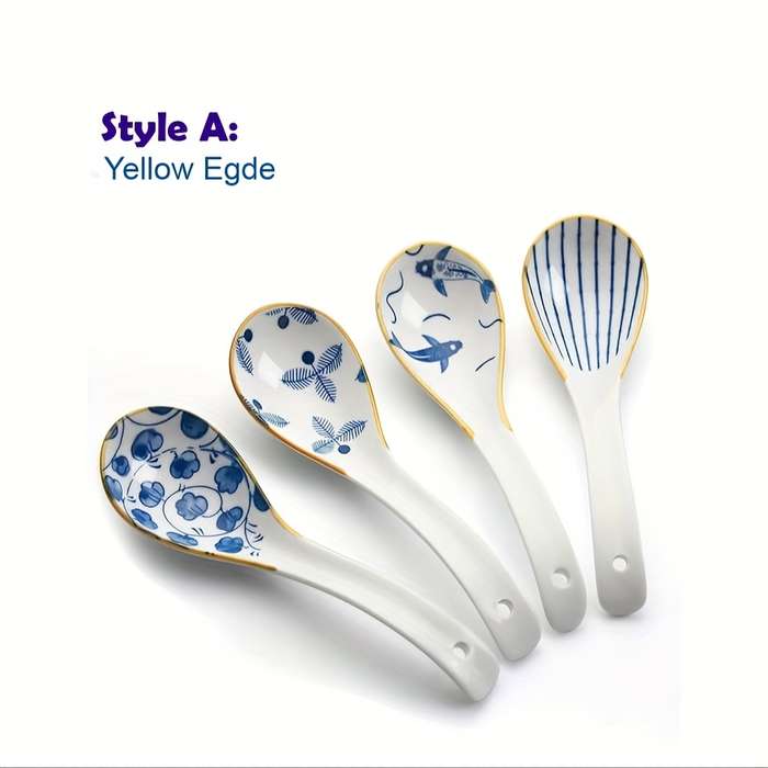 4pcs Blue White Ceramic Asian Soup Spoons 16.0cm Round with Elegant Floral Butterfly Desig