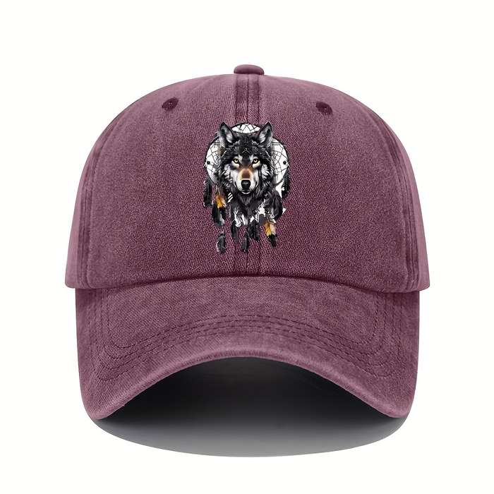 1pc Vintage Washed Cotton Baseball Cap with Wolf Totem Print Adjustable Sun Protection Hat for Al