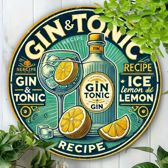 1pc Vintage Cheers Gin Tonic 20.32x20.32cm Round Metal Sign Durable Aluminum Wall Art with Vibrant G