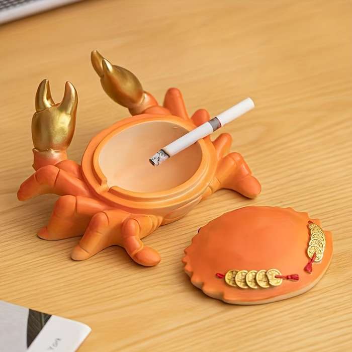 1pc Elegant Golden Crab Ashtray with Lid Durable Resin Modern Design for Home Office Decor Pe