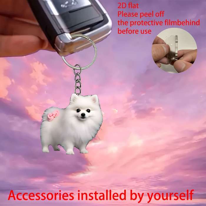 1pc 2D Flat   Acrylic White Dog Keychain Car Mirror Charm Cute Pomeranian Design with Pi