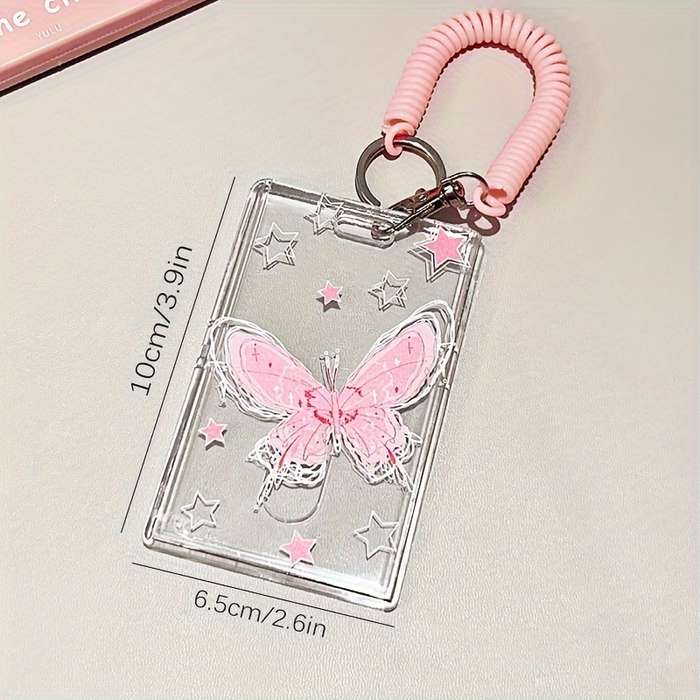 1pc Y2K-Inspired Butterfly Design Transparent ID Card Holder with Keychain Durable Plastic Anti-