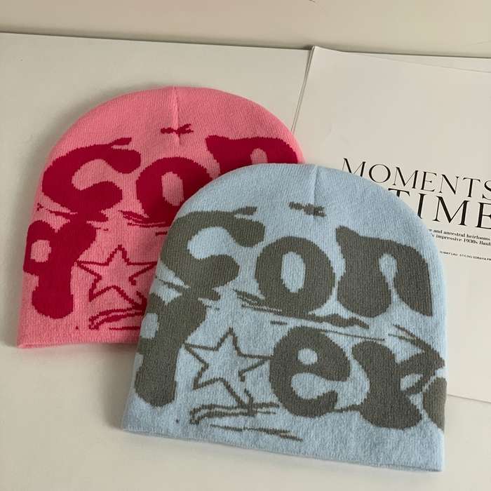 1pc Unisex Acrylic Knit Beanie Hat Stretch Fit Jacquard Letter Embroidery Warm Winter Headw