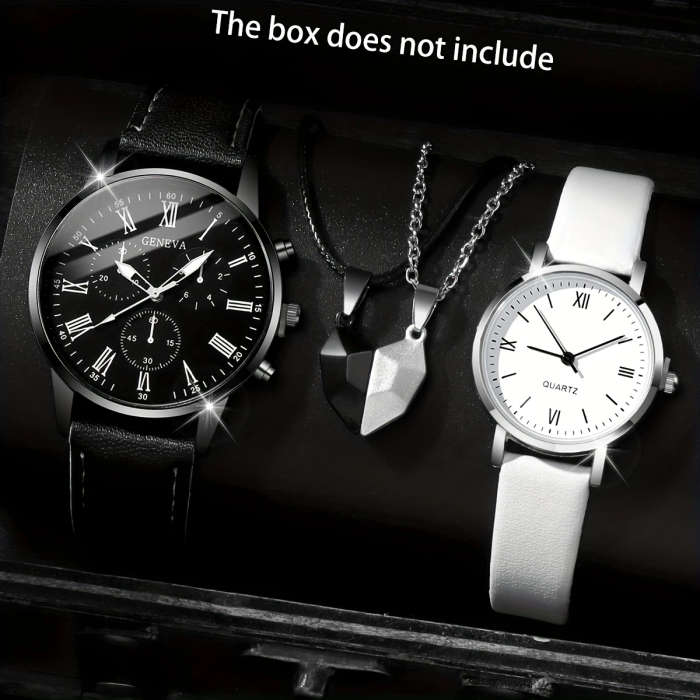 4pcs set Men's and Women's Couple Quartz Watch Set with Magnetic Black and White Love Necklace Simpl