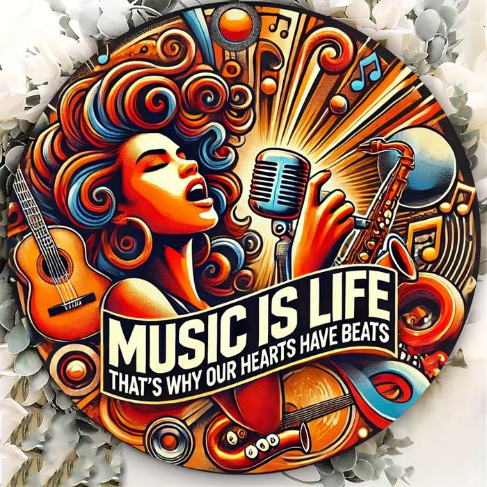 1pc  Vintage Music Is Life Round Aluminum Wall Art Sign 20.32x20.32cm Durable Easy-to-Hang