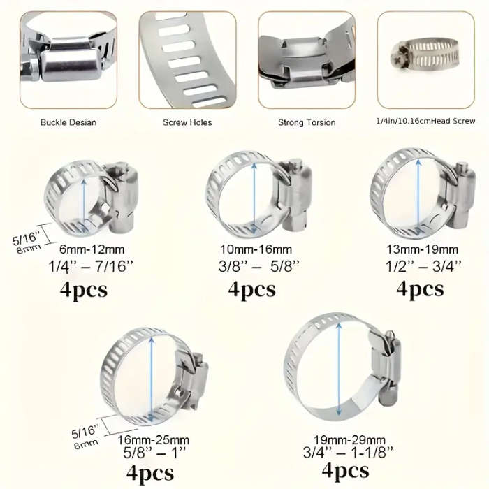 20pcs Premium Stainless Steel Hose Clamp Set  Adjustable Worm Gear for Pipes Intercoolers