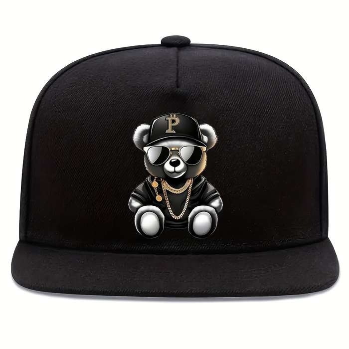 1pc Hip Hop Bear Print Flat Brim Cap Unisex Adjustable Street Style Baseball Hat 100% Polyest