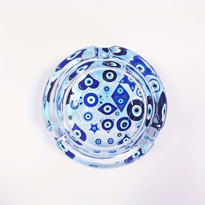 1pc Round Glass Ashtray with Blue Eye Design 8.48cm Decorative Smoke Accessory for Home Bar U