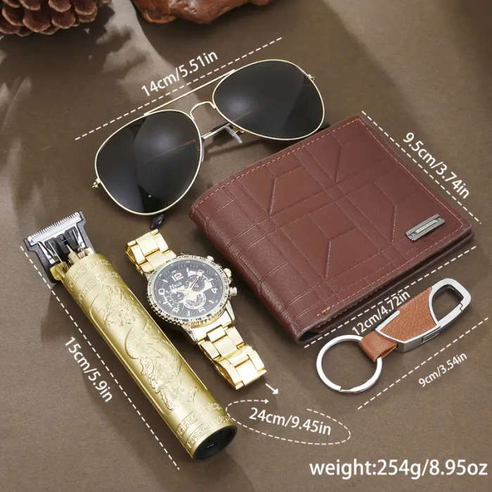 5pcs Men's Luxury Gift Set Golden-Tone Quartz Watch with Date Display Stylish Fashion Glasses Faux L