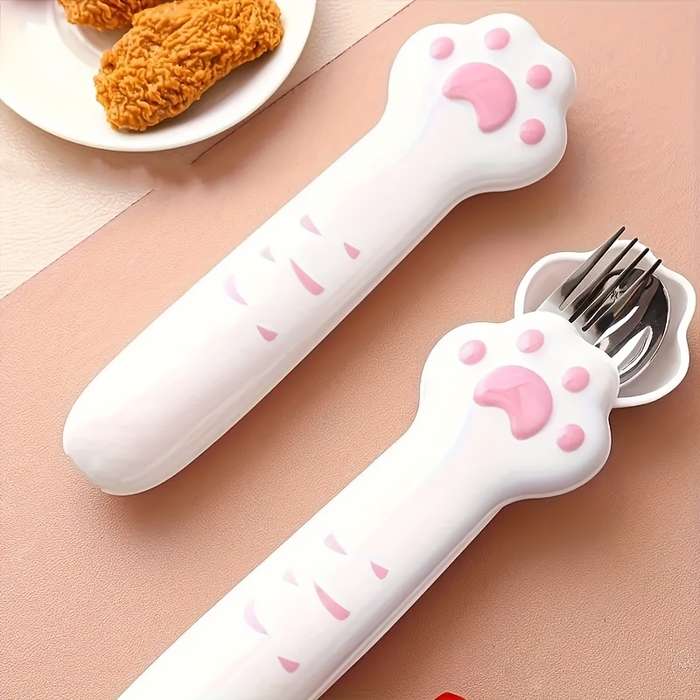 1pc Cat Claw Design Stainless Steel Cutlery Setm Cute Cat's Paw Cutlery Set with Storage Box