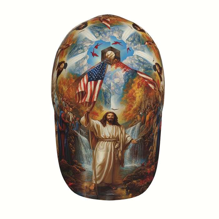 1pc Adjustable Polyester Baseball Cap Jesus and American Flag Print Curved Brim Sports Running H