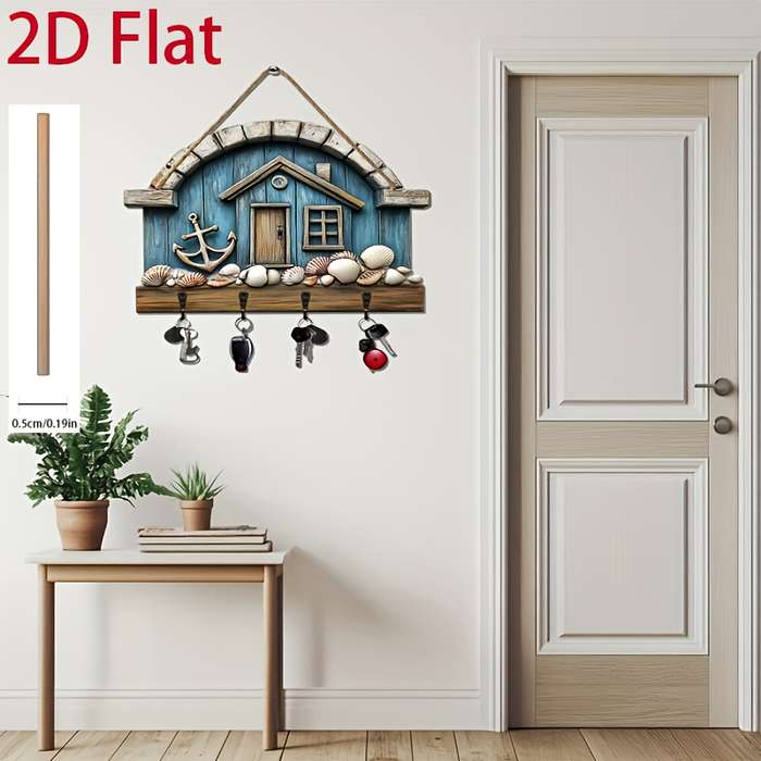 2D Flat 1pc Seaside Shell Cabin Simple Colorful Wooden and Home Key Hanger with Four Metal Hooks 2