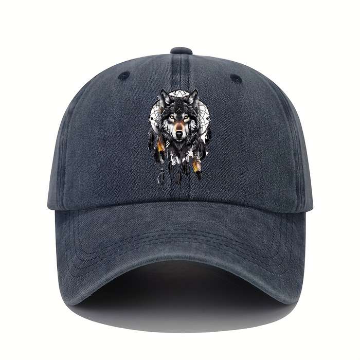 1pc Vintage Washed Cotton Baseball Cap with Wolf Totem Print Adjustable Sun Protection Hat for Al