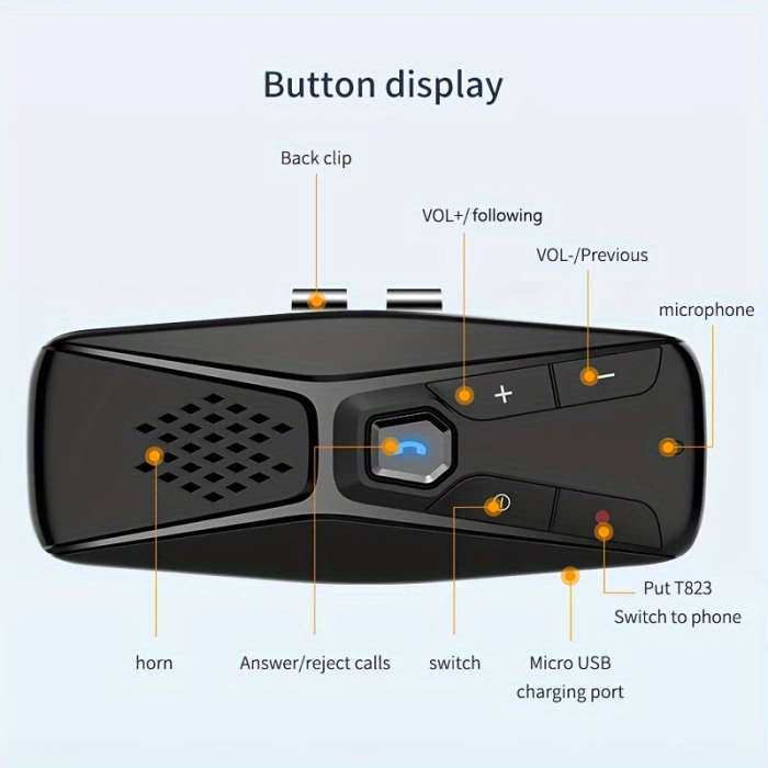 1pc Wireless 5.0 Car Kit Hands-Free Speakerphone with Mic Auto Shut-Off Siri Connectivity USB Rechar