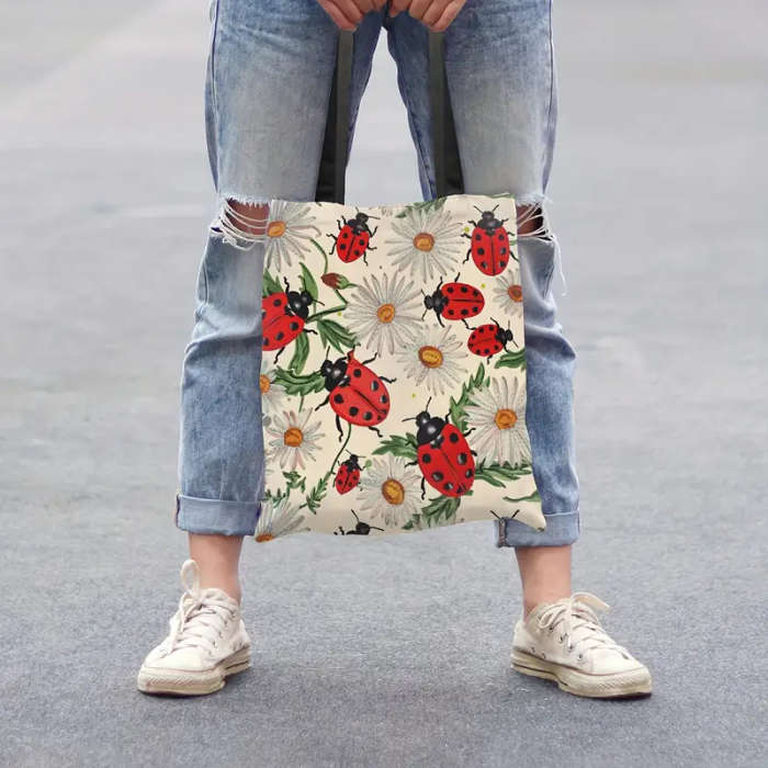 1pc Ladybugs With Daisies Pattern Canvas Tote Bag Large Women Casual Shoulder Bag Handbag Reusable M