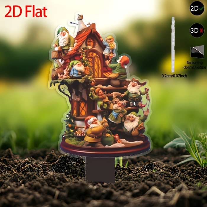 1pc 2D Flat  Pack of 1 Many Gnomes and Houses Art Decor Style Acrylic Garden Stakes Lawn Pot Deco
