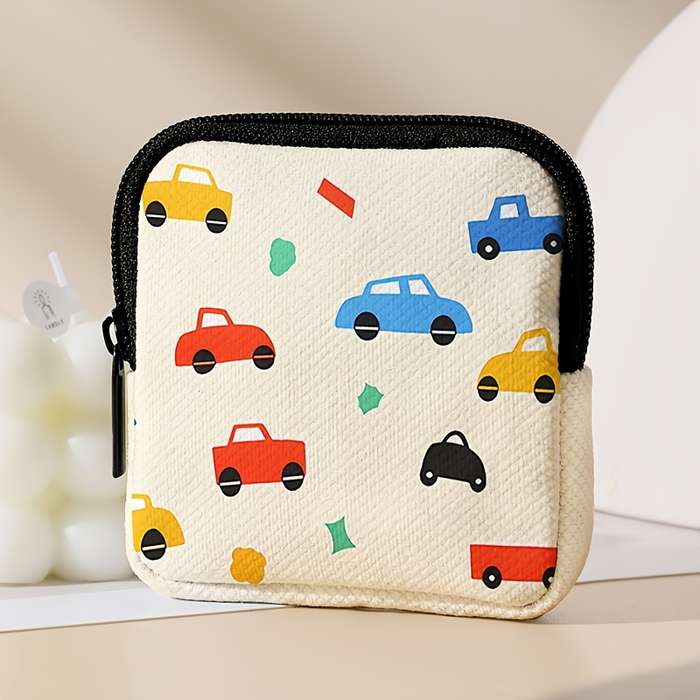 1pc Cartoon Car Pattern Polyester Coin Wallet Large Capacity Zippered Coin Purse with Unlined