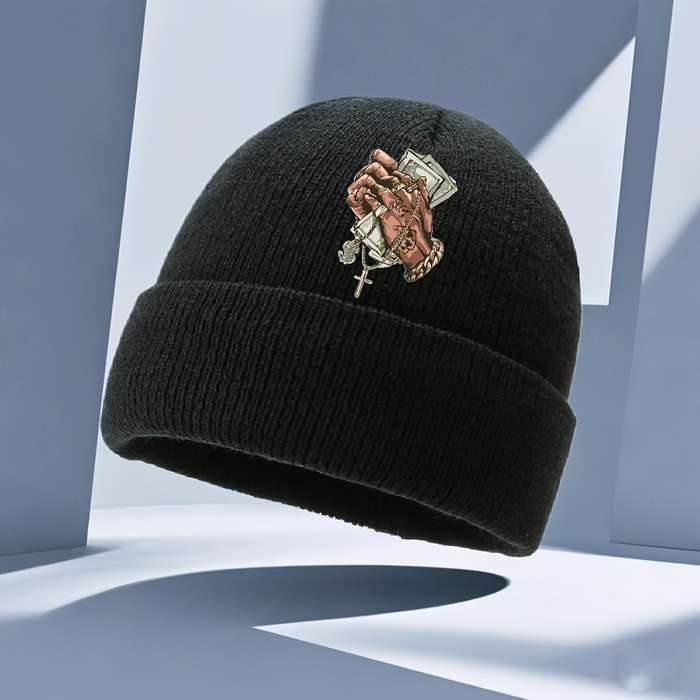 1pc Men's Hip Hop Style Black Knit Beanie with Cross Pattern Warm Stretchy Machine Washable