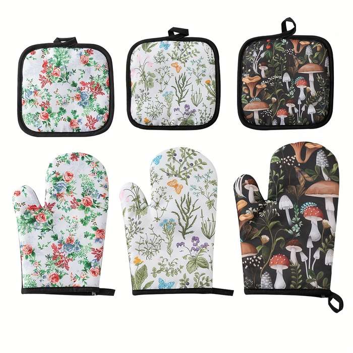 2pcs Polyester Digital Print Mushroom Pattern Kitchen Baking Oven Mittens Heatproof Mats Dining