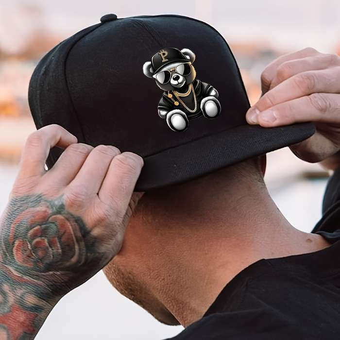 1pc Hip Hop Bear Print Flat Brim Cap Unisex Adjustable Street Style Baseball Hat 100% Polyest