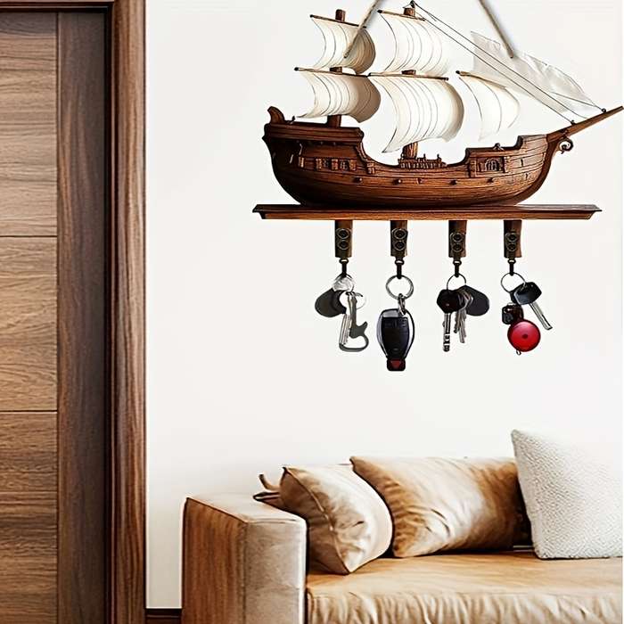 1pc Vintage Sailboat Wooden Key Holder with 4 Metal HooksEasy Install Space-Saving Wall Mount Or