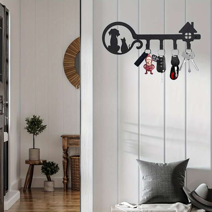 1pc Decorative Black Metal Key Holder 11-inch Cat And Dog Silhouette 4 Hooks Wall Mount