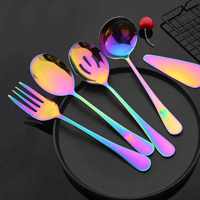 5pcs Colorful Stainless Steel Utensil Set Soup Spoon Ladle Salad Fork Cake Server Kitchen