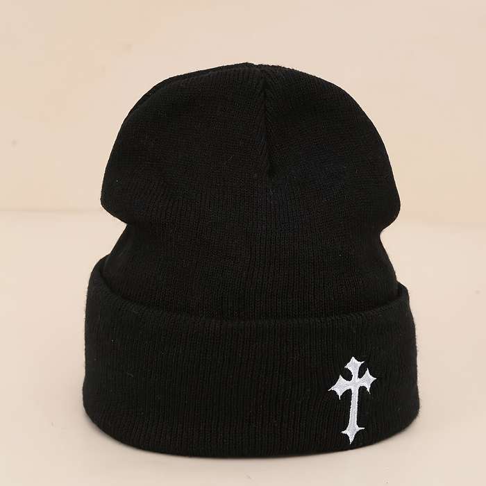 1pc 100% Acrylic Beanie Elastic Fit Embroidered Dark Cross Knit Beanie Unisex Thick Knitted Skul