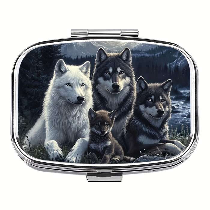 1pc Wolf Family Metal Pill Box C Portable Decorative Organizer with Realistic Wolf Artwork Com
