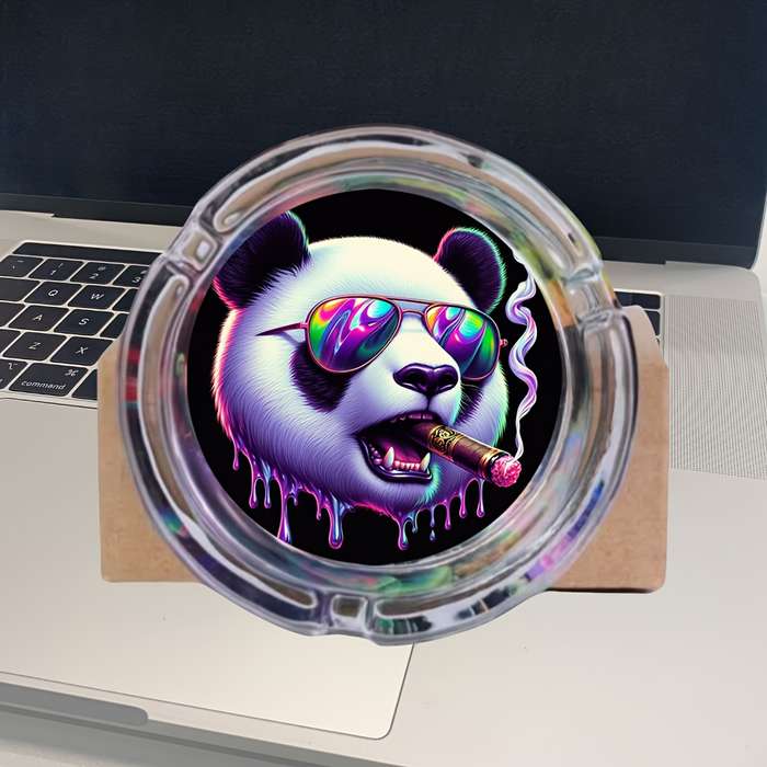 1pc Stylish Panda Ashtray Round Glass Design with Cool Fashion Glasses Cigar Theme Durable