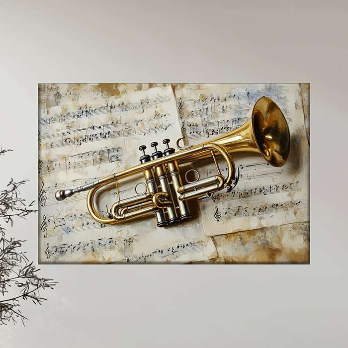 1pc 2D Flat  Unframed Canvas Art Golden Trumpet with Music Notes Abstract Music-Themed Wall