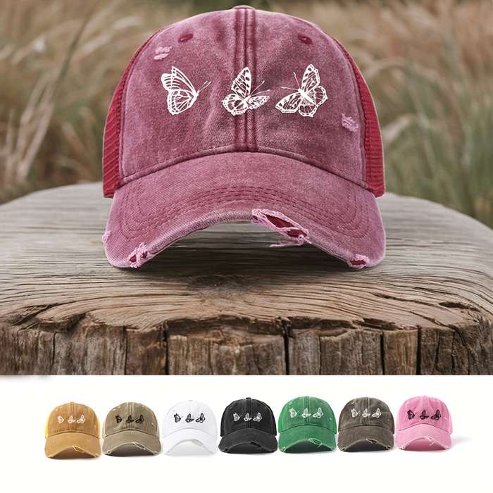 1pc Chic Butterfly Print Baseball Cap for Women Adjustable Lightweight Distressed Look Perfe