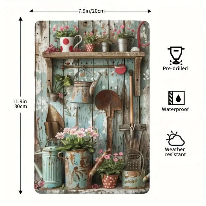 1pc Vintage Gardening Tools Metal Tin Sign 20.32x30.48cm Rustic Iron Wall Art Pastoral-Themed Home G