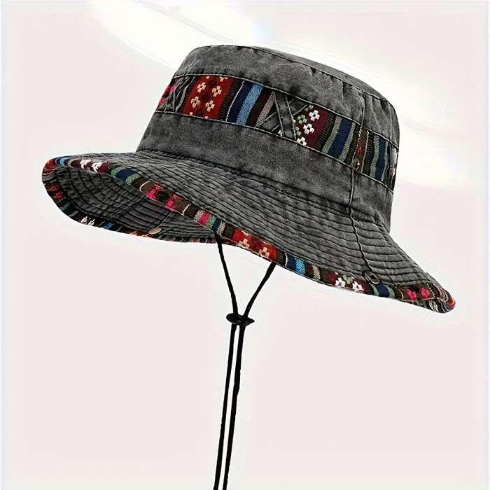 1pc Vintage Colorful Brim Boonie Hat for Women Sporty Woven Sun Hat with Adjustable Chin Strap G