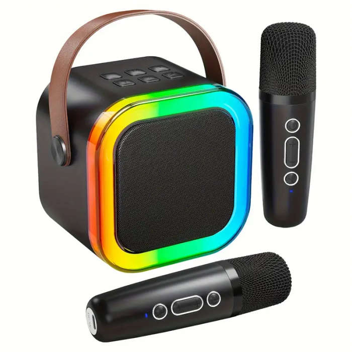 Mini Karaoke Machine for Youngsters Wireless Speaker with 2 Wireless Microphone and LED Lights