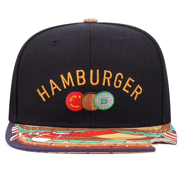 1pc Men's Cap With HAMBURGER Embroidery And A Flat Brim Men's Casual Adjustable Buckle Baseball Ca