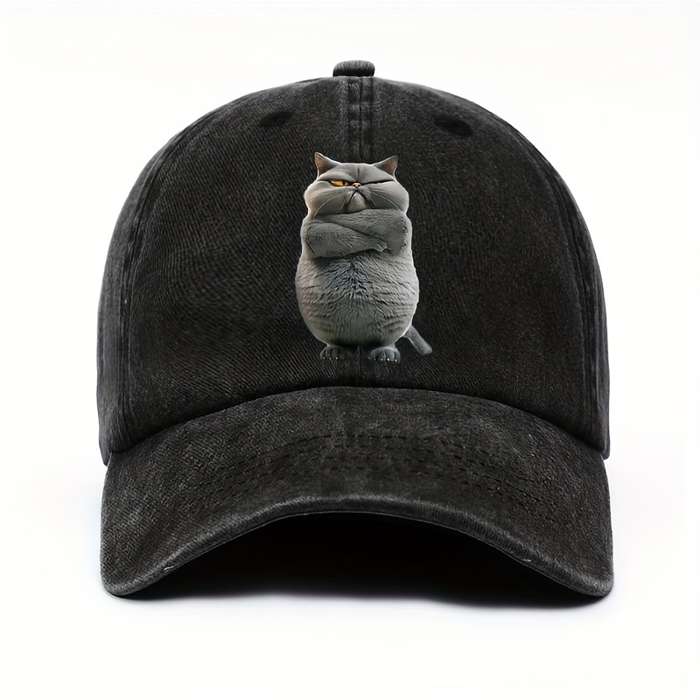 1pc Adjustable Cotton Baseball Cap with Funny Cat Print Unisex Vintage Washed Hat Pre-Curved Sun