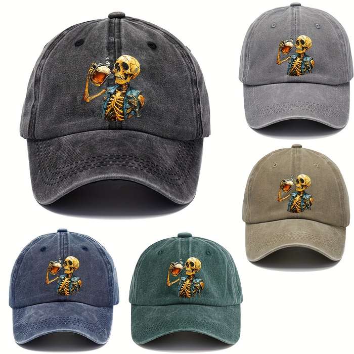 1pc Halloween Skeleton Holding Wine Baseball Cap Adjustable Vintage Casual Hat Unisex Breathable