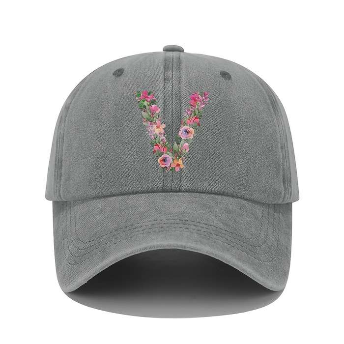 1pc Floral Letter V Print Baseball Cap Vintage Washed Cotton Hat Adjustable Sun Protection Cap wi