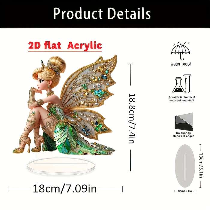 1pc 2D Flat  Acrylic Fairy Figurine with Sparkling Crystals Pearl Accents Elegant Bohemian