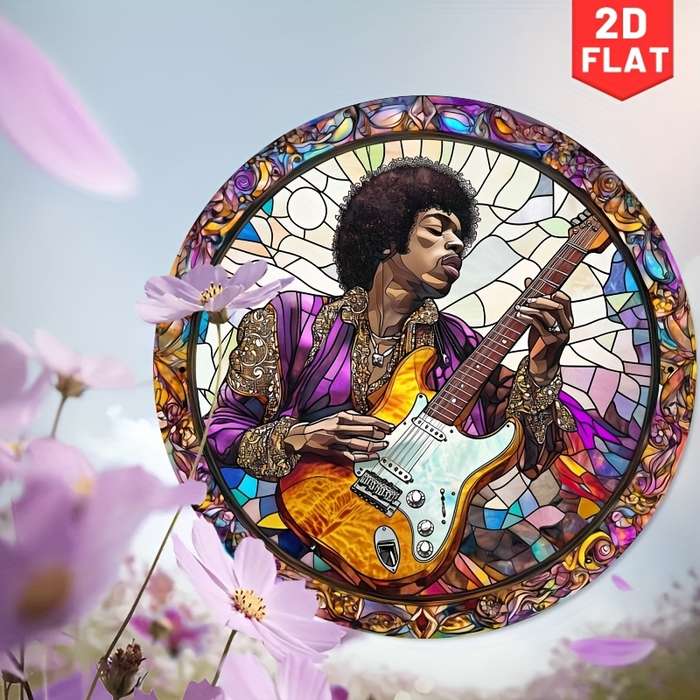 1pc 2D Flat Vintage Guitarist Metal Wall Art 19.99cm Round Iron Sign with Stained Glass Design