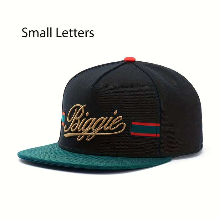 1pc Biggie Golden Embroidered Flat Brim Snapback Hat Adjustable Lightweight Black with Green