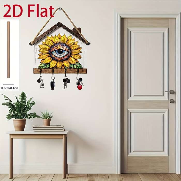 2D/Flat Sunflower Eye Simple Colorful Wooden and Home Key Holder with Four Metal Hooks Wall Decor